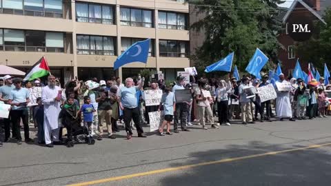 Torontonians chant "China China you can't hide, stop the Uyghur genocide"