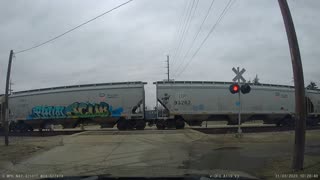 UP 2575 and UP 7667 Pulling 112 grain hoppers assisted by UP 6389 through Harvard, IL SLOW