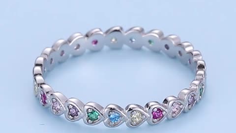 Bamoer Genuine 925 Sterling Silver Elegant Rainbow Heart Ring for Women