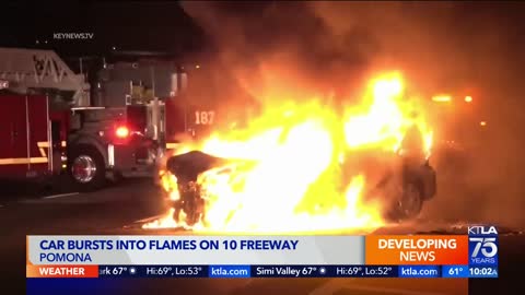 Car bursts into flames on 10 Freeway in Pomona