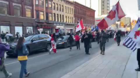 Ottawa Canada: Freedom Convoy Of Cars & Trucks Protesting On Rideau Street In Ottawa