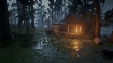 An old cabin by the river with the healing sounds of rain and thunder - Ambience Thunderstorm RDR2