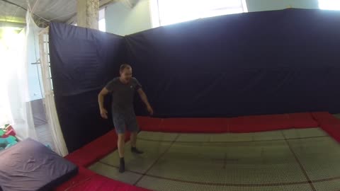 I try to perform a complicated trick on a trampoline. epic fall.