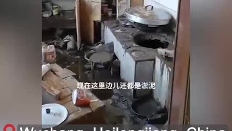 A video shows the devastating aftermath of flooding in a village in Heilongjiang Province, China