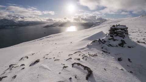 boat in norwegian winter fjord