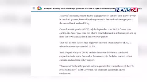 মালয়েশিয়ার অর্থনীতি বৃদ্ধি পেয়েছে ১৪ দশমিক ২ শতাংশ | Malaysia Economy | News24