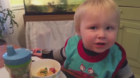 Cute Tot Can't Find His Fork Until He Looks In His Hand