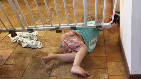 Little kid determined to get through the child safety gate