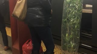 Woman dances next to tall plant in subway