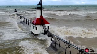 Gale Winds Part 1 St Joseph North Pier Lighthouse 4K 50 MPH winds VS Drone Footage