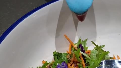 Blue parrot tries to eat vegetable salad and its owner stops it