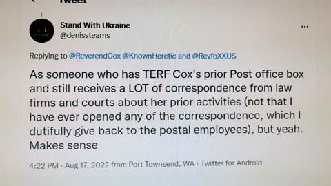 Denis Stears of Port Townsend Calls Reverend Crystal Cox Slurs. Reads Her Legal Dox