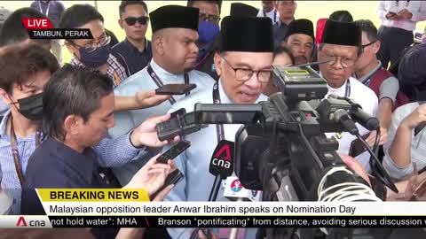 Malaysia GE15_ Opposition leader Anwar Ibrahim at nomination centre in Perak