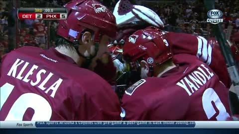 Phoenix Coyotes goaltender Mike Smith scores a goal