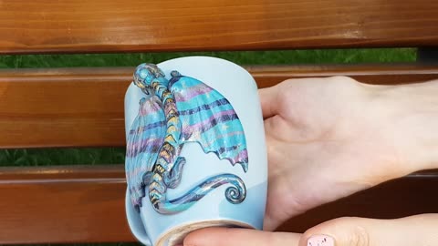 Gift blue mug with "Dragon Labradorite" decor. Cup with the author's dragon by AnneAlArt