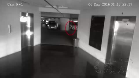 CCTV camera captures alien figure in a parking lot