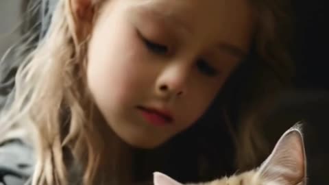 young girl with cute cat in arms