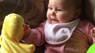 Baby Preciously Giggles At Duck Hand Puppet