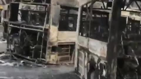 The barricades of the buses were burned in Mariupol, Ukraine.