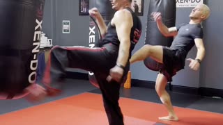 Taekwondo style jumping roundhouse-kicks