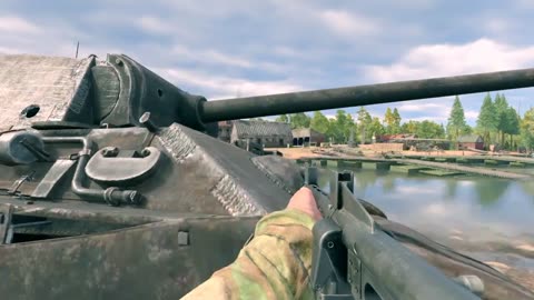Enlisted | Volkssturm Grenadier fire on enemy positions cross the river with SMG behind the cover!