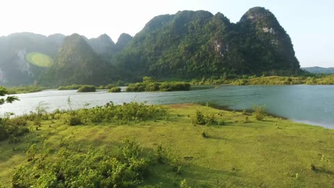 Quang Binh Natural Lake Animals Cows Hills