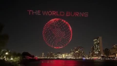 United Nations drones write ""Amazon burns, the world burns", before the UN's 78th General Assembly