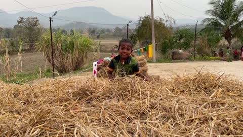 Village children play in a pile of straw at Dayalu Baba's ashram.