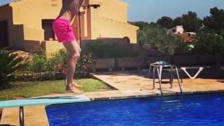 Collab copyright protection - pink swimsuit flip pool faceplant