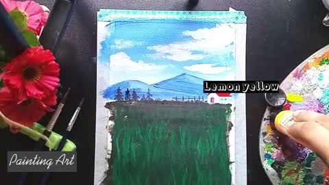 Watercolor painting, farm field