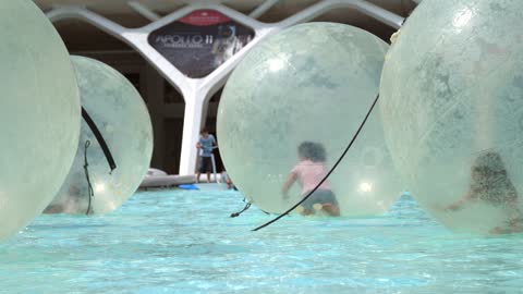 Children in Zorbs | Close up of children zorbing in a pool of water