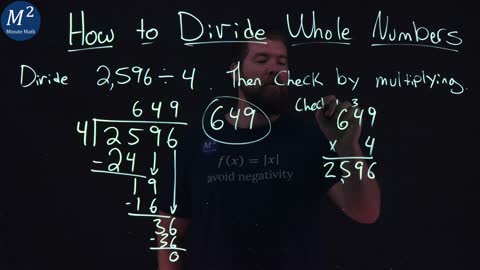 How to Divide Whole Numbers | 2,596÷4 | Part 1 of 6 | Minute Math