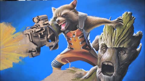 Hyperrealistic speed painting of Rocket Raccoon and Groot from Guardians Of The Galaxy