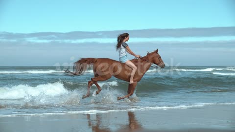 Super slow motion shof of woman riding horses at beach,