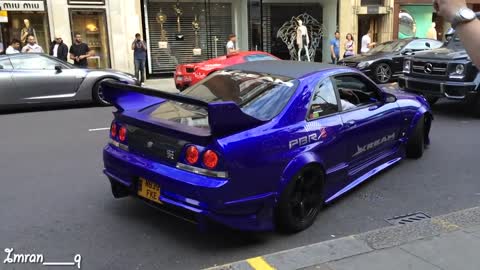 Nissan Skyline R33 GTR X2 Shooting Flames and MASSIVE BURNOUT GUMBALL 300 LONDON @IMRANQPHOTO INSTA