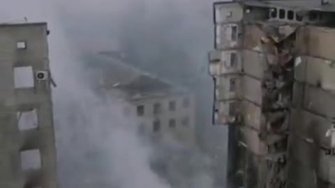 Drone Flies over a Devastated city in ukraine