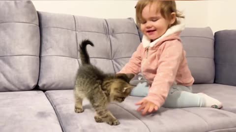 Cute baby meets new member