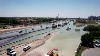 Drone footage shows flooded highway in Dubai