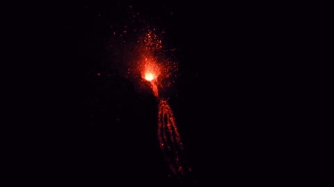 Mount Etna Volcano Eruption, Explosions and Lava Flow in the Night 27 August 2018