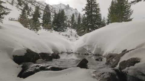 Snowy creek with trees and mountains around it