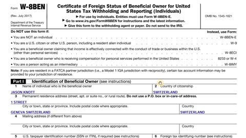 IRS Form W-8BEN Withholding Certificate