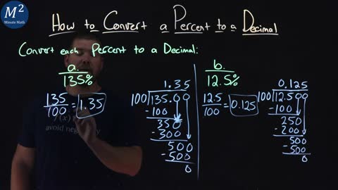 How to Convert a Percent to a Decimal | Part 2 of 2 | Convert 135% and 12.5% to a Decimal