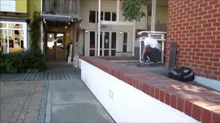 Kid skates off ledge, skateboard jabs him in the behind