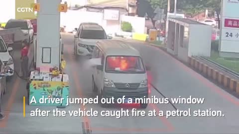 Minibus driver escapes through window after vehicle catches fire