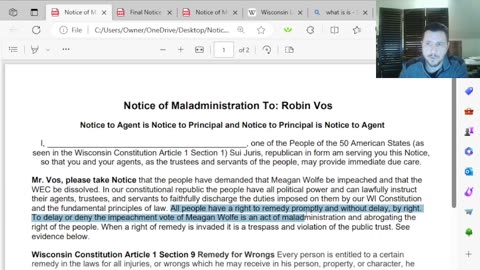 Constitutional Republic Actions, Notice to Robin Vos