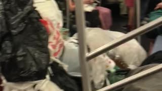 Trash bags and trash in subway car man sleeping