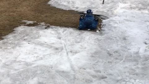 Little boy snowboards down small slope and falls on knees