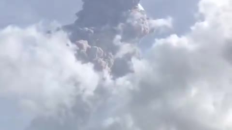 View from ground of La Soufrière volcano eruption in St. Vincent