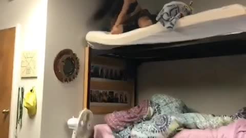 Girls on dorm bunk beds fall off multiple times