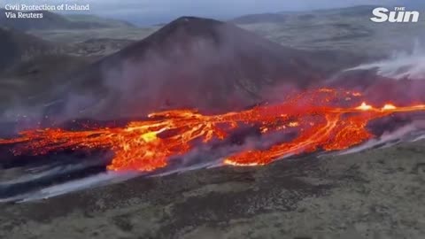 Incredible footage shows lava spewing from volcano in Iceland